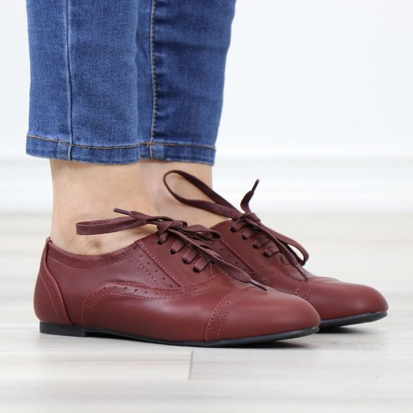 Wine Synthetic Leather Lace up Flat Heel Oxford Style Shoes - Picture 2 of 13